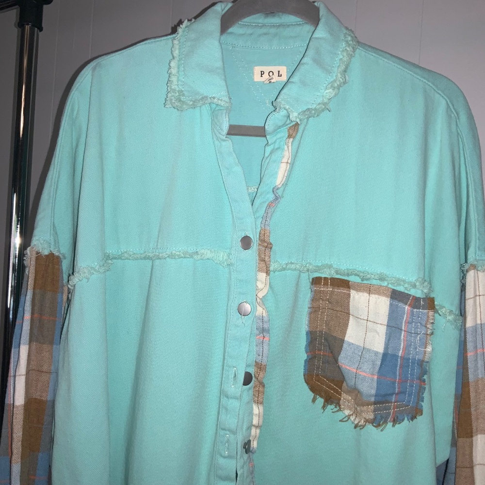 Pol Aqua Plaid Button Front Patchwork Shacket Sz … - image 3
